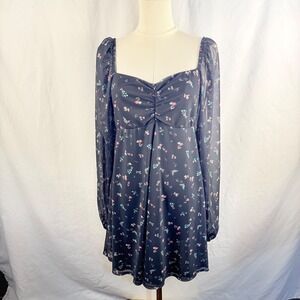 Asos Black Floral Babydoll Dress Sheer Sleeves Mini Size 8 Whimsygoth Fairy